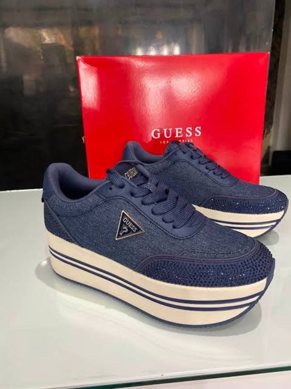 GUESS Navy and Cream Platform Lace-Up Sneakers